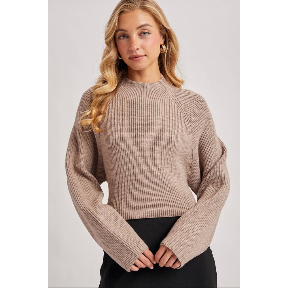 Cinnamon Knitwear Tan Beige Ribbed Mock Neck Lantern Sleeve Wool Blend Sweater S